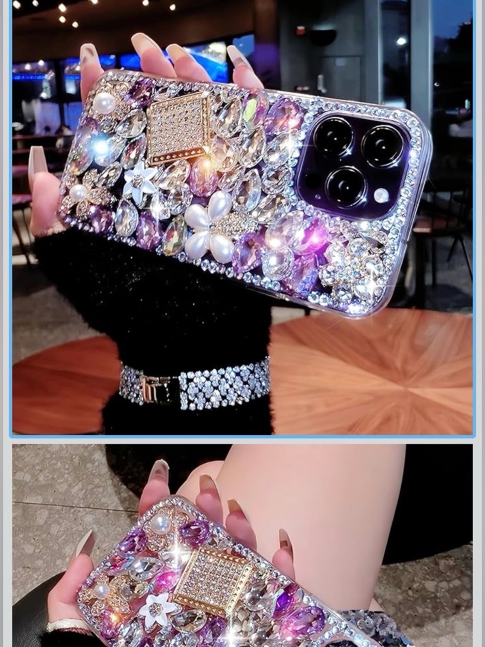 iPhone 16 Rhinestone Bling Floral Phone Case - Purple Accent
